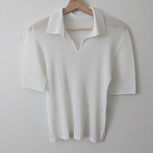 Issey Miyake Pleats Please White Collar Top